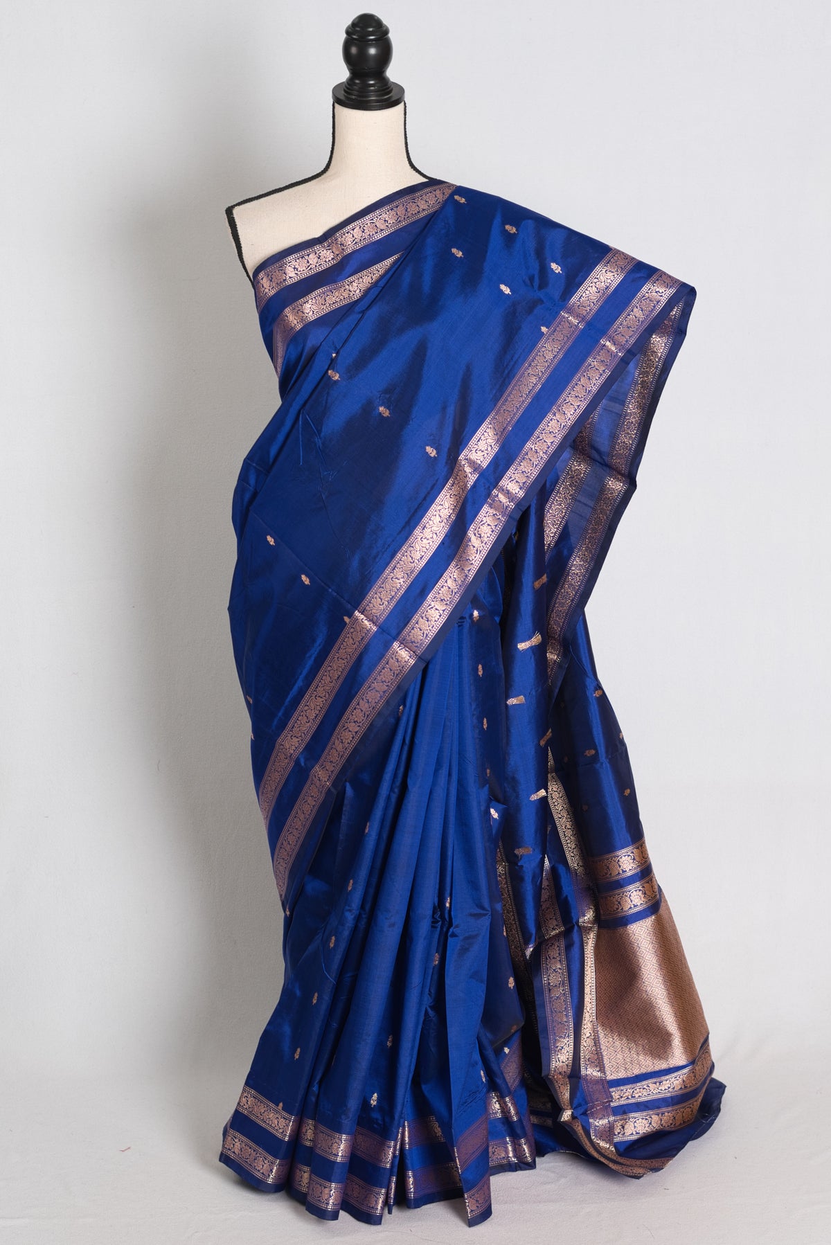 Royal Dark Blue and Antique Gold Banarasi saree — view