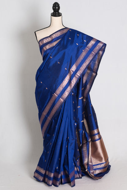 Royal Dark Blue and Antique Gold Banarasi saree — view