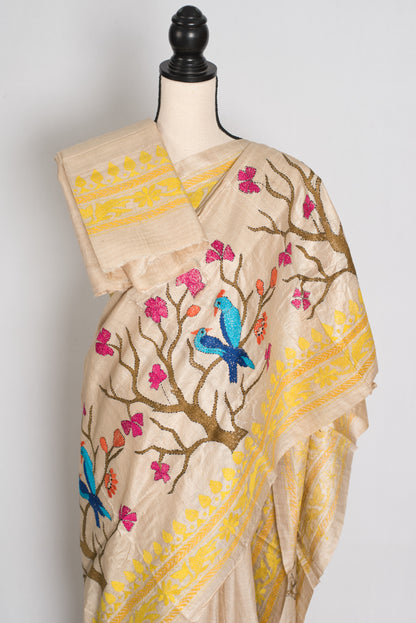 Srija : Beige and Yellow Hand Embroidered Kantha Stitch Pure Gachi Tussar Saree image 2