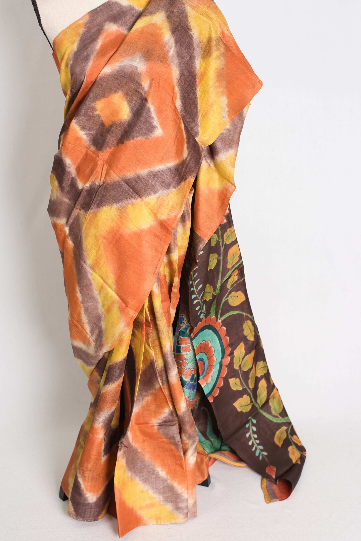 Madhura : Hand Painted Kalamkari Tussar Silk Saree with 36 Size Stitched Blouse