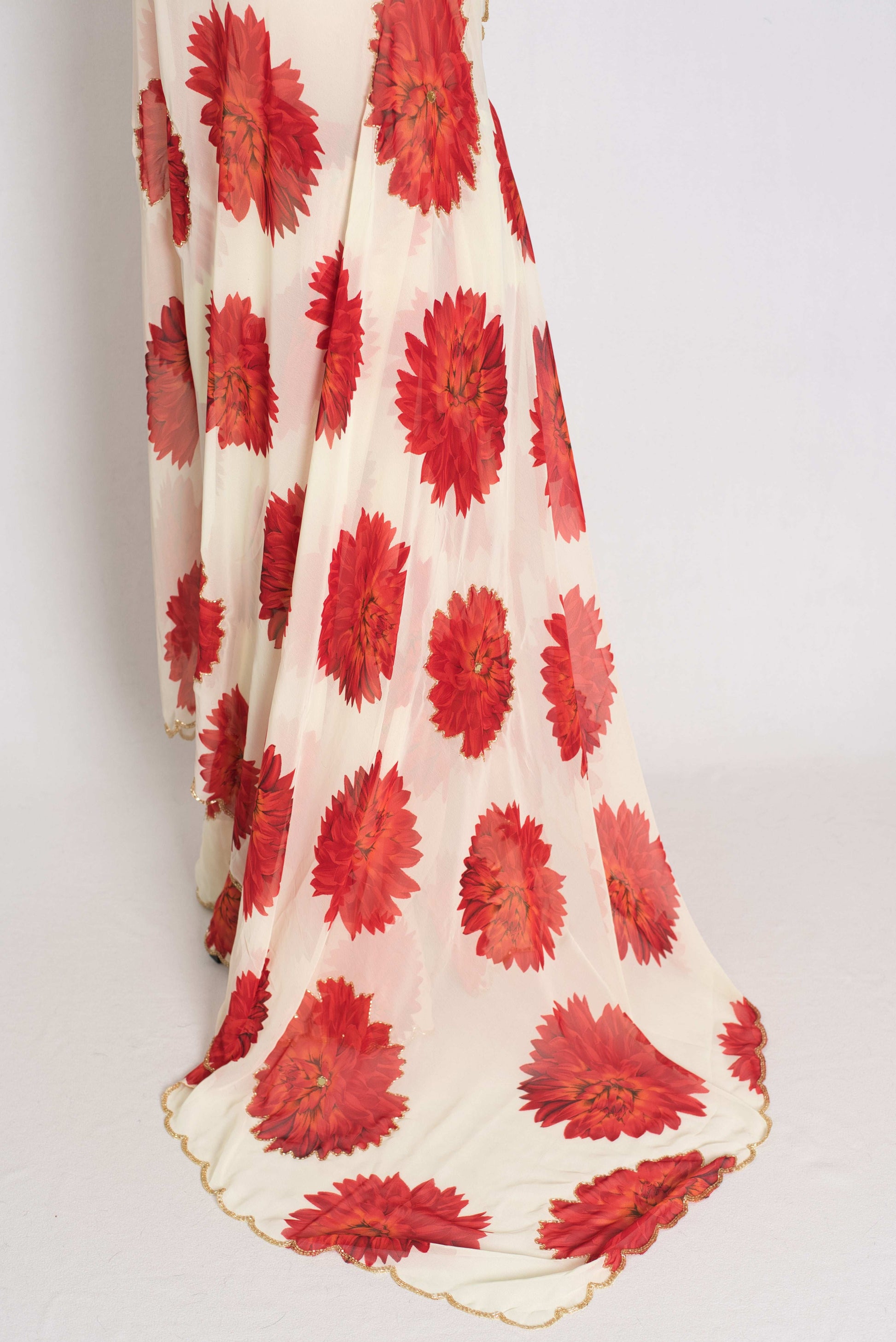 Eesha: Cream and Red Floral Georgette Designer Embroidery Saree image 4