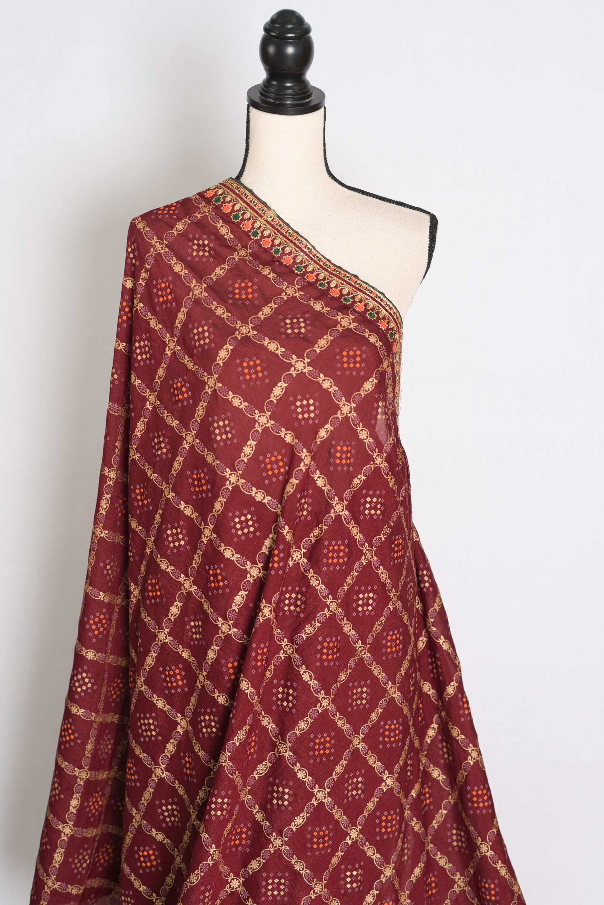 Moni: Maroon Gharchola Saree with Gold Print and Embroidered Border image 4