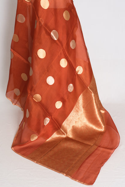 Ira : Rust Brown and Gold Polka Dot Kora Organza Banarasi Saree | Silk Mark image 4