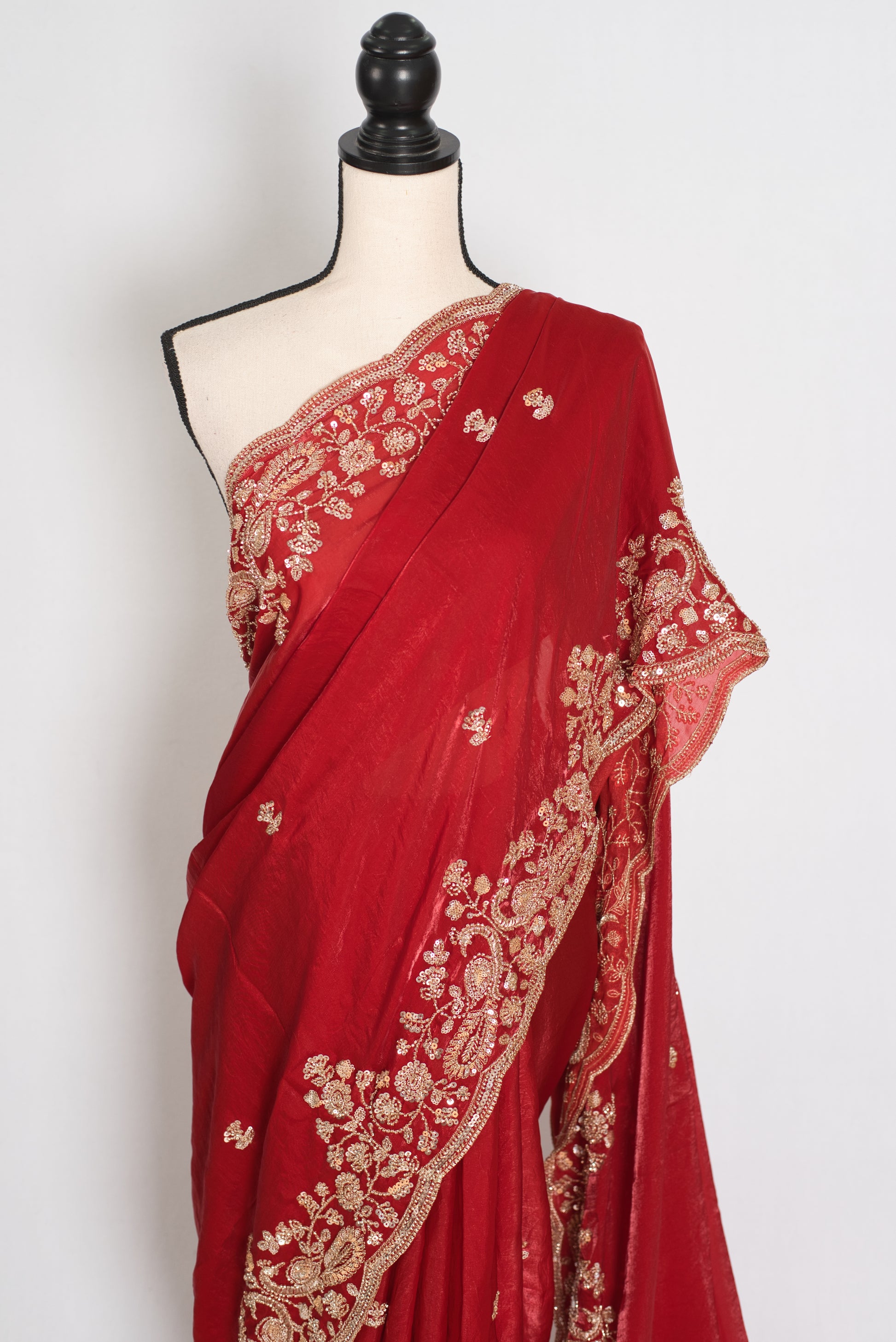 Roshni | Bright Red Tissue Saree | Pre-Stitched Size 40 Blouse image 6