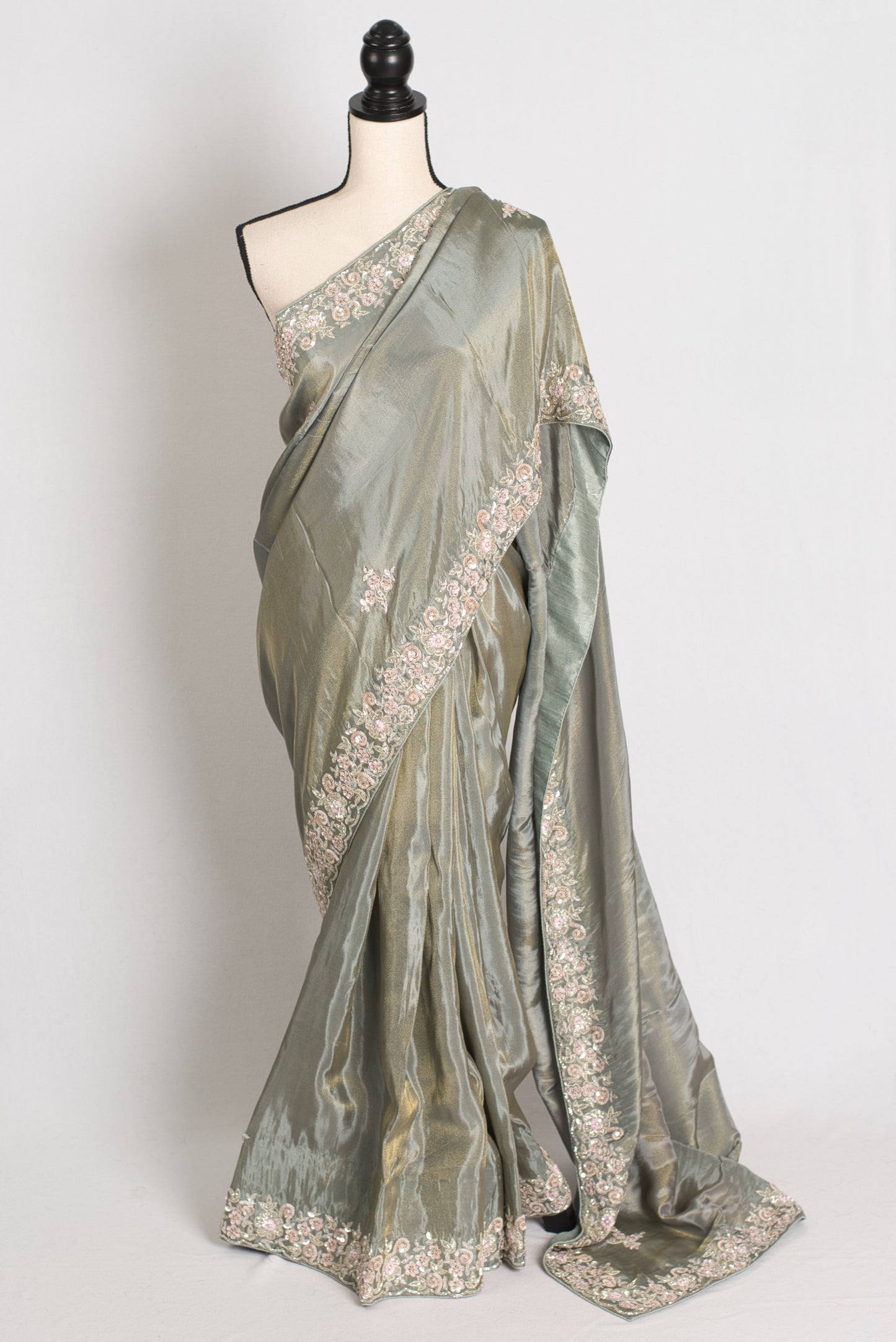 Fariha : Sage Green Hand Embroidered Zardozi Soft Organza Party Wear Saree image 0
