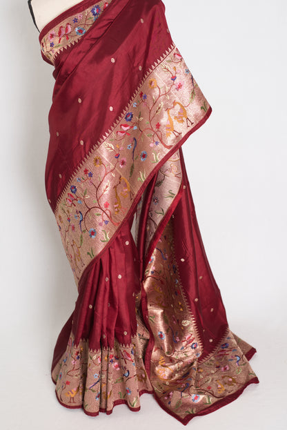 Bristi : Semi Tussar Silk Paithani Embroidered Maroon Designer Saree image 6