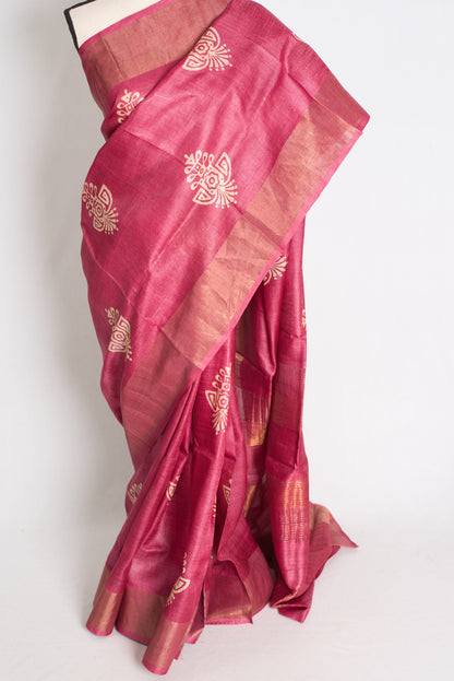 Sudha: Hand Block Printed Pink Tussar Silk Saree with Gold Muted Border image 6