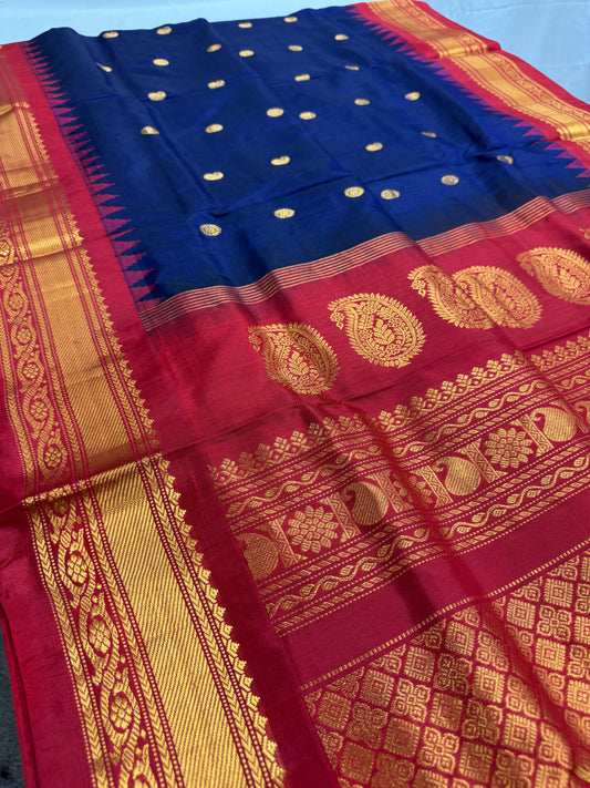 Nishira - Handwoven Midnight Blue and Red Gadwal Silk Saree image 0