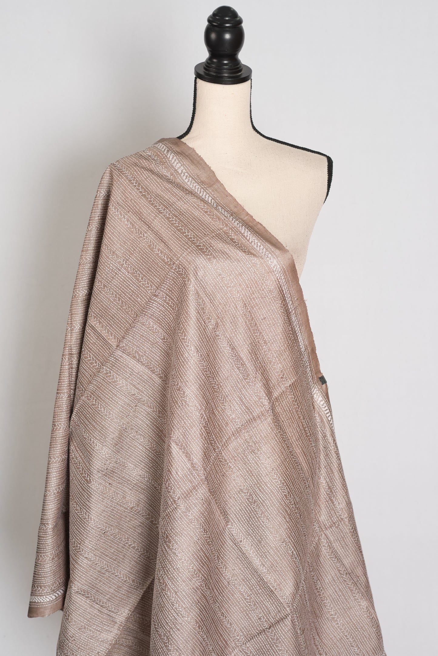 Hand Embroidered Brown & White Gachi Tussar Silk Kantha Dupatta | Neha image 1