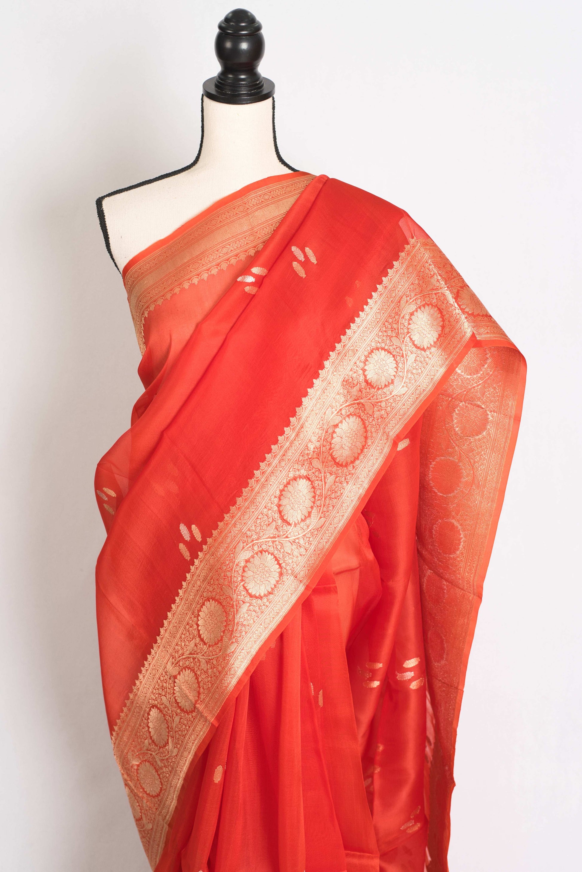Ila : Silk Mark Certified Reddish Orange Organza Banarasi Saree with Golden Zari image 5