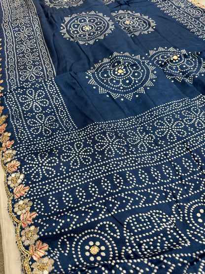 Neela : Hand Embroidery Bandhani Printed Modal SIlk Saree in Cobalt Blue image 3