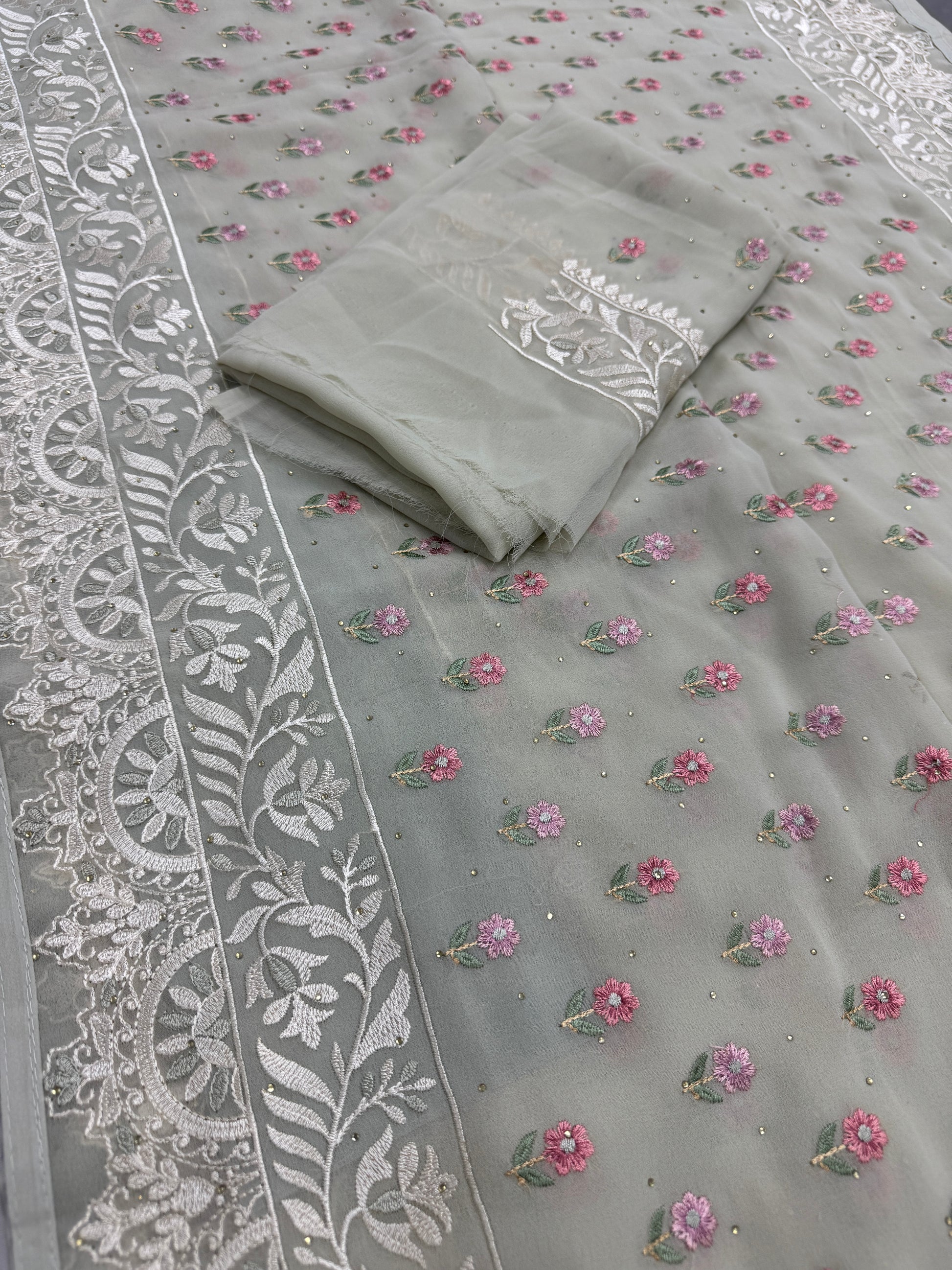 Siya | Light Sage Green Georgette Partywear Saree | Pastel Floral Embroidery image 2