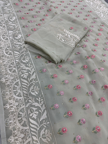 Siya | Light Sage Green Georgette Partywear Saree | Pastel Floral Embroidery image 2