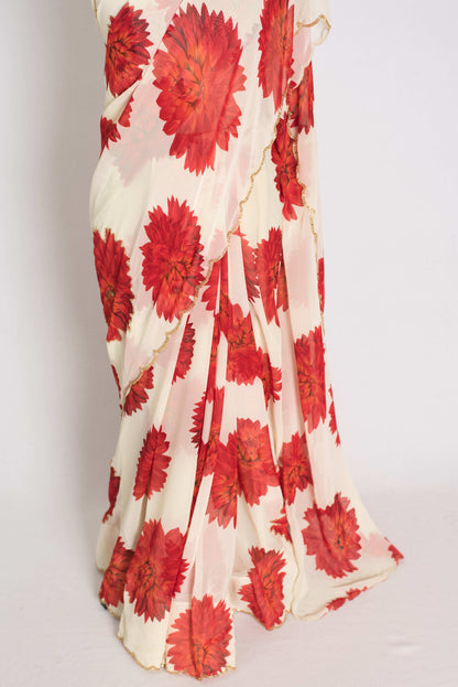 Eesha: Cream and Red Floral Georgette Designer Embroidery Saree image 6