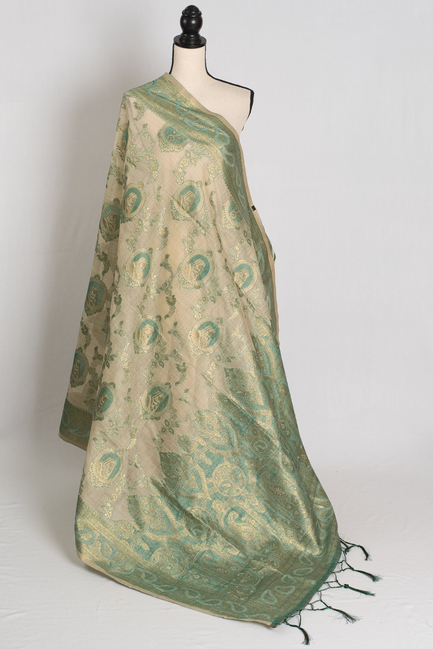 Vandana : Budget Friendly Blended Cotton Banarasi Saree in Beige and Green image 1