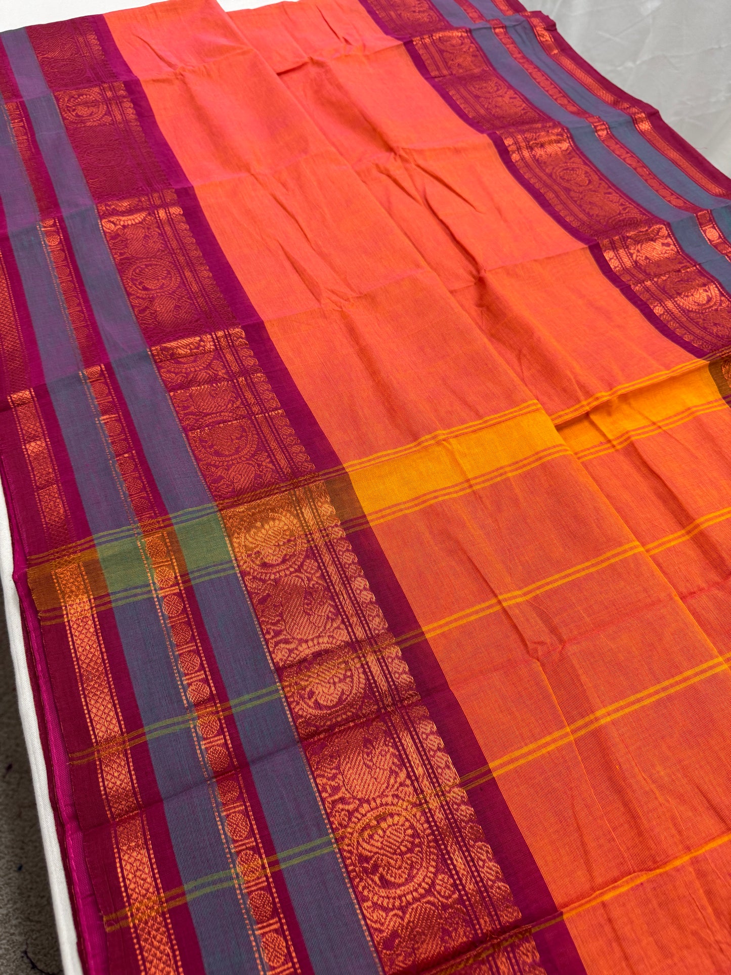 Malathi : Handwoven Kanchi Cotton Saree in Orange and Magenta image 5