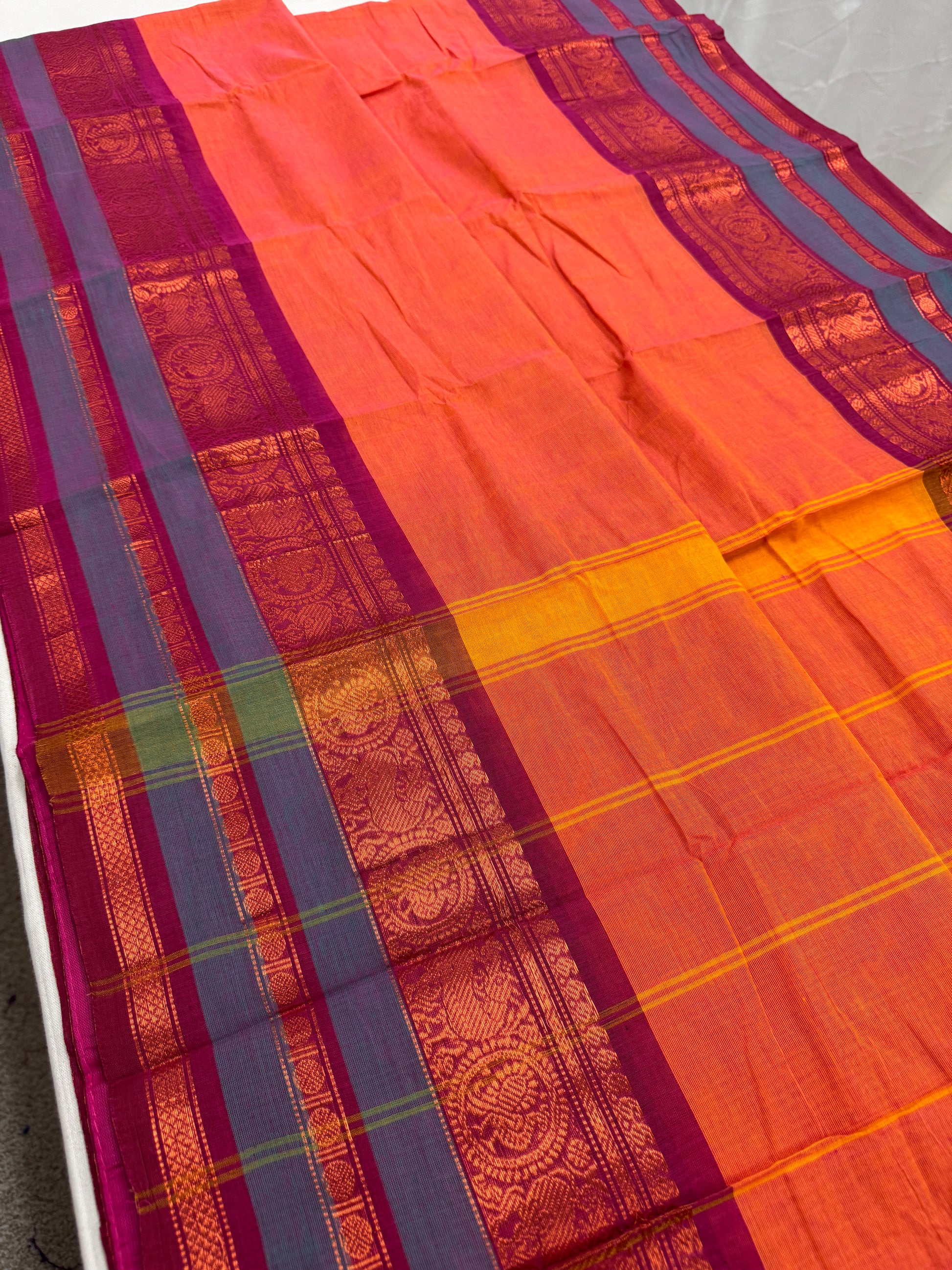 Malathi : Handwoven Kanchi Cotton Saree in Orange and Magenta image 5