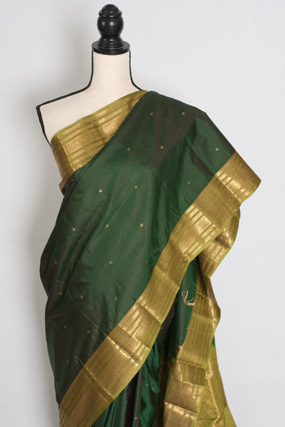 Mytheli – Deep Forest Green Kanjivaram Poly Silk Saree with Moss Green Border image 6