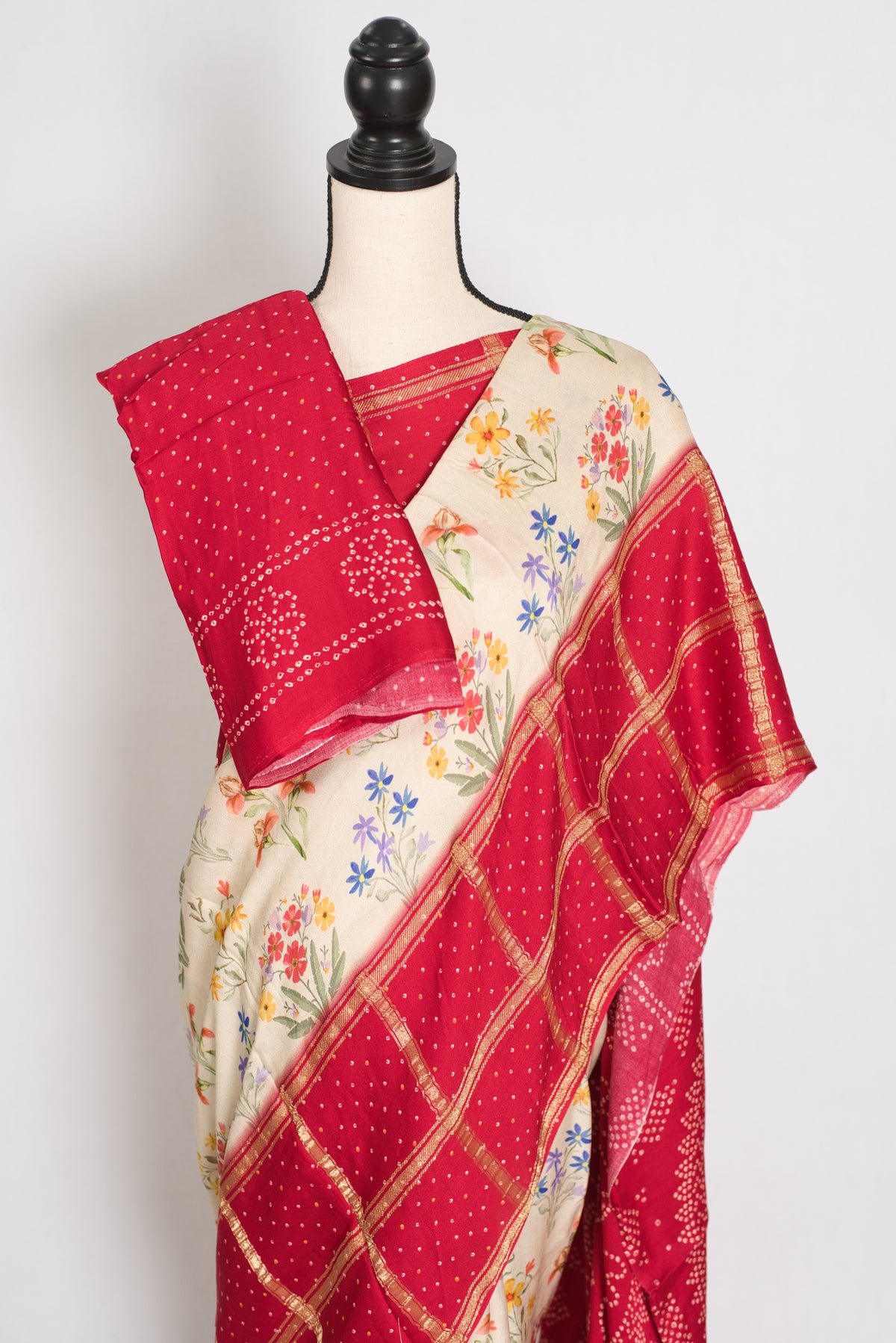 Mehuli | Cream & Rosy Red Modal Silk Saree | Gharchola & Bandhani Print image 3
