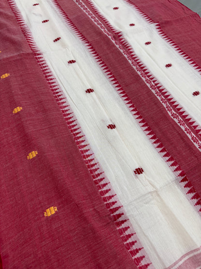 Sohini : White and Red Horizontal Stripes Dhaniakhali Soft Cotton Saree image 4