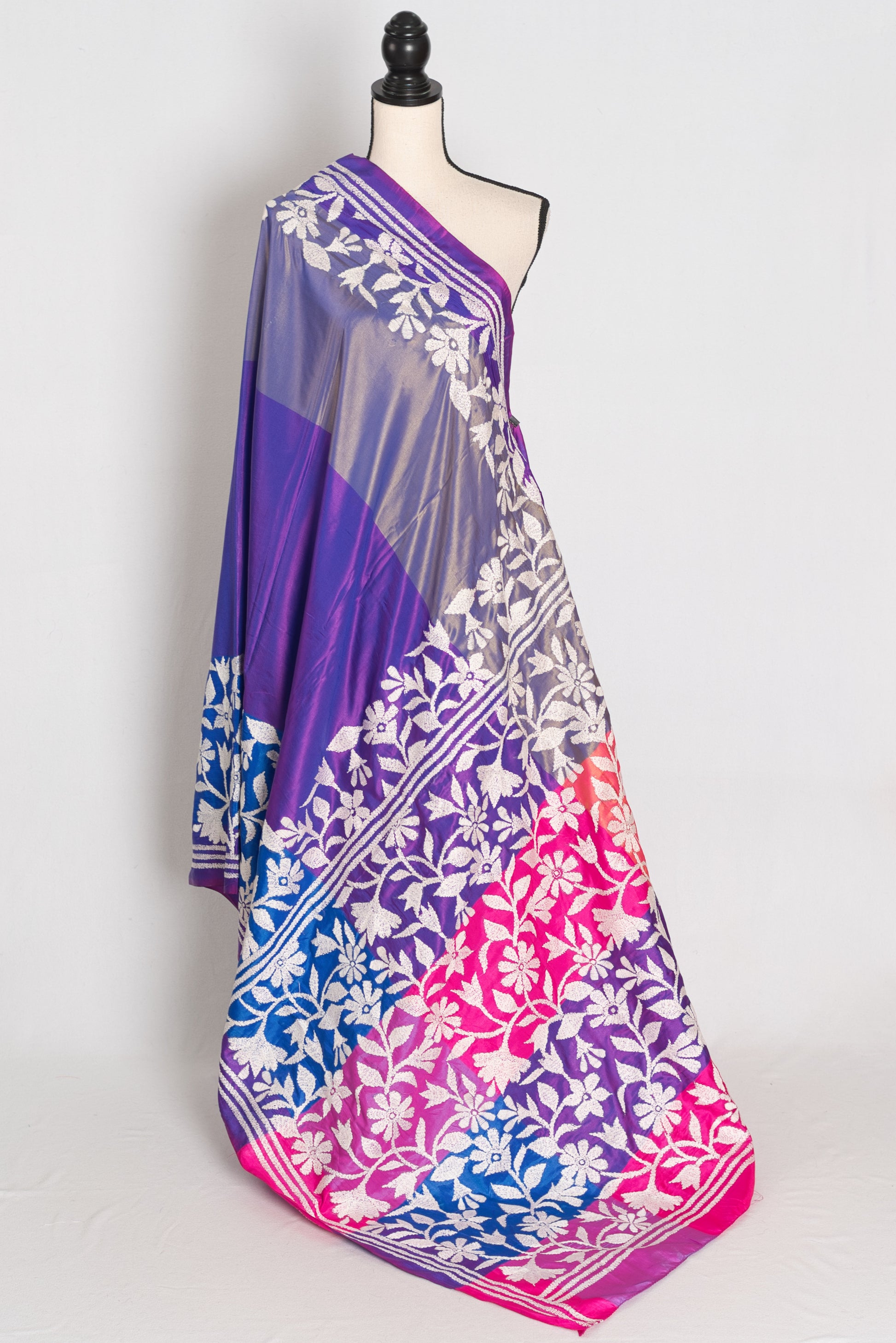 Sandhya : Purple Semi Silk Kantha Stitch Saree | Hand-Embroidered image 1