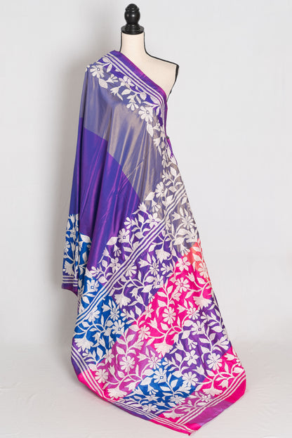 Sandhya : Purple Semi Silk Kantha Stitch Saree | Hand-Embroidered image 1
