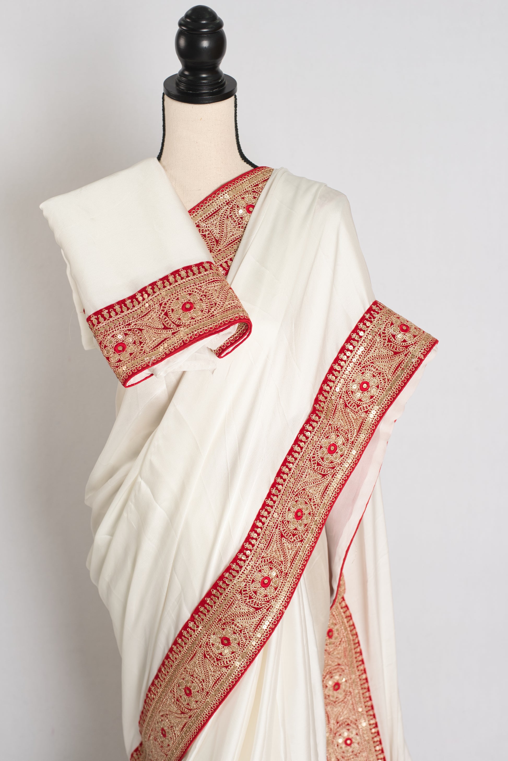 Farah : Off White and Red Patch Border Designer Satin Silk Partywear Saree image 2
