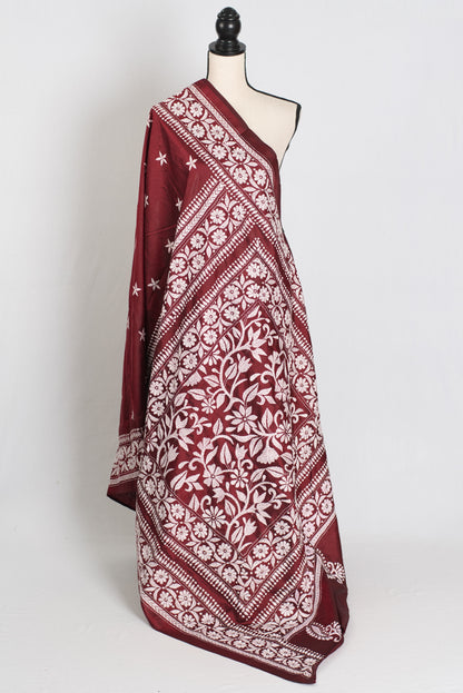 Sarini : Silk Mark Certified Maroon Hand Embroidery Kantha Stitch Silk Saree image 1