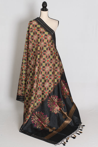 Kriti : Black and Gold Contemporary Ikkat Print Banarasi Katan Silk Saree image 1