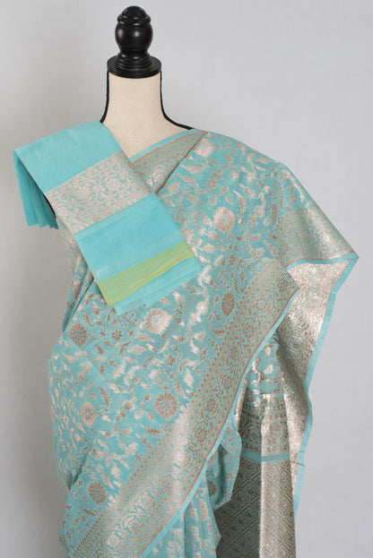 Laila: Sky Blue and Gold Jamdani Banarasi Saree | Bengali-Varanasi Fusion image 2