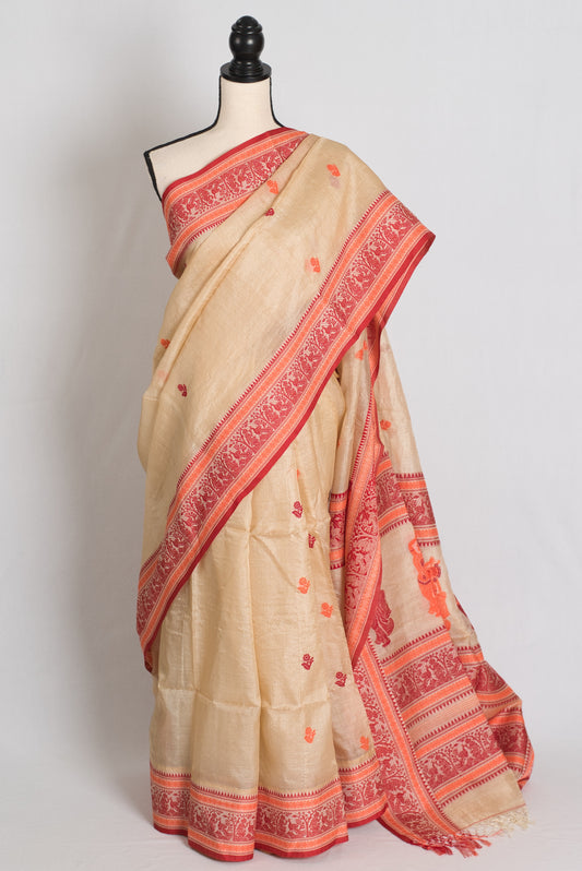 Devanshi : Bengal Tussar Baluchari Saree in Beige, Red and Orange image 0