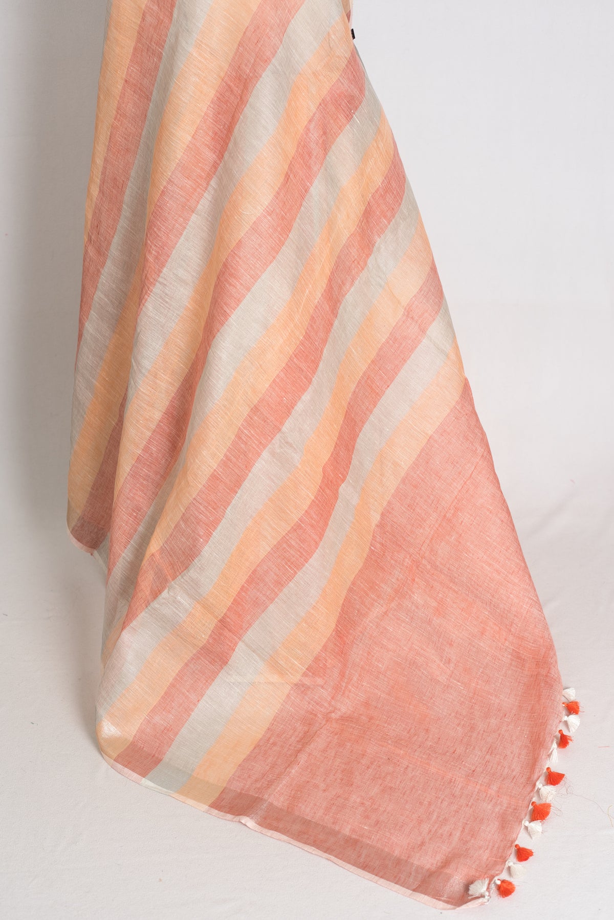 Priya : Pastel Orange and Powder Blue Lateral Striped Pure Linen Saree image 3
