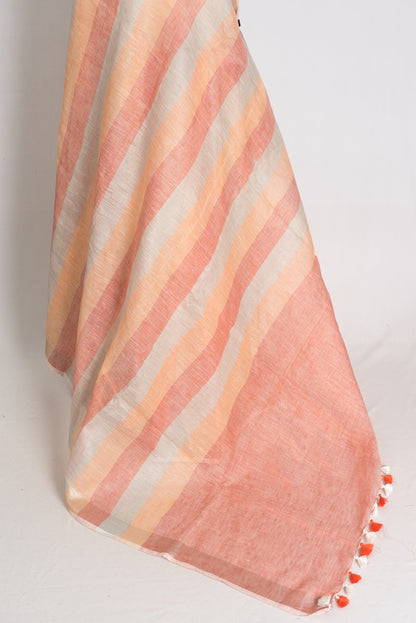 Priya : Pastel Orange and Powder Blue Lateral Striped Pure Linen Saree image 3
