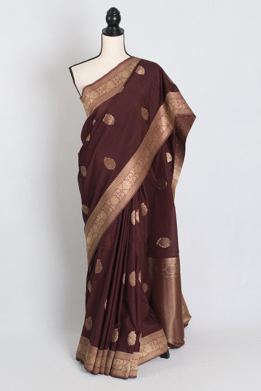 Mahi : Semi Crepe Silk Budget Friendly Banarasi Saree in Brown and Gold image 0