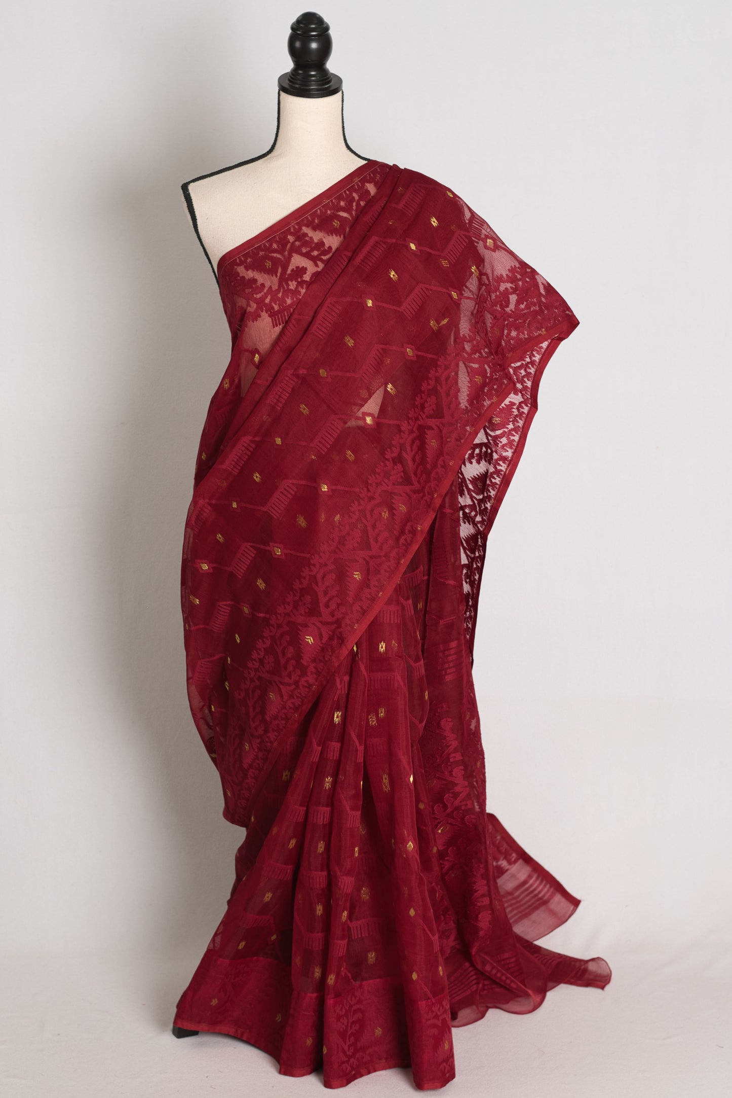 Priya : Deep Maroon and Gold Soft Blended Cotton Bengali Jamdani Saree image 0