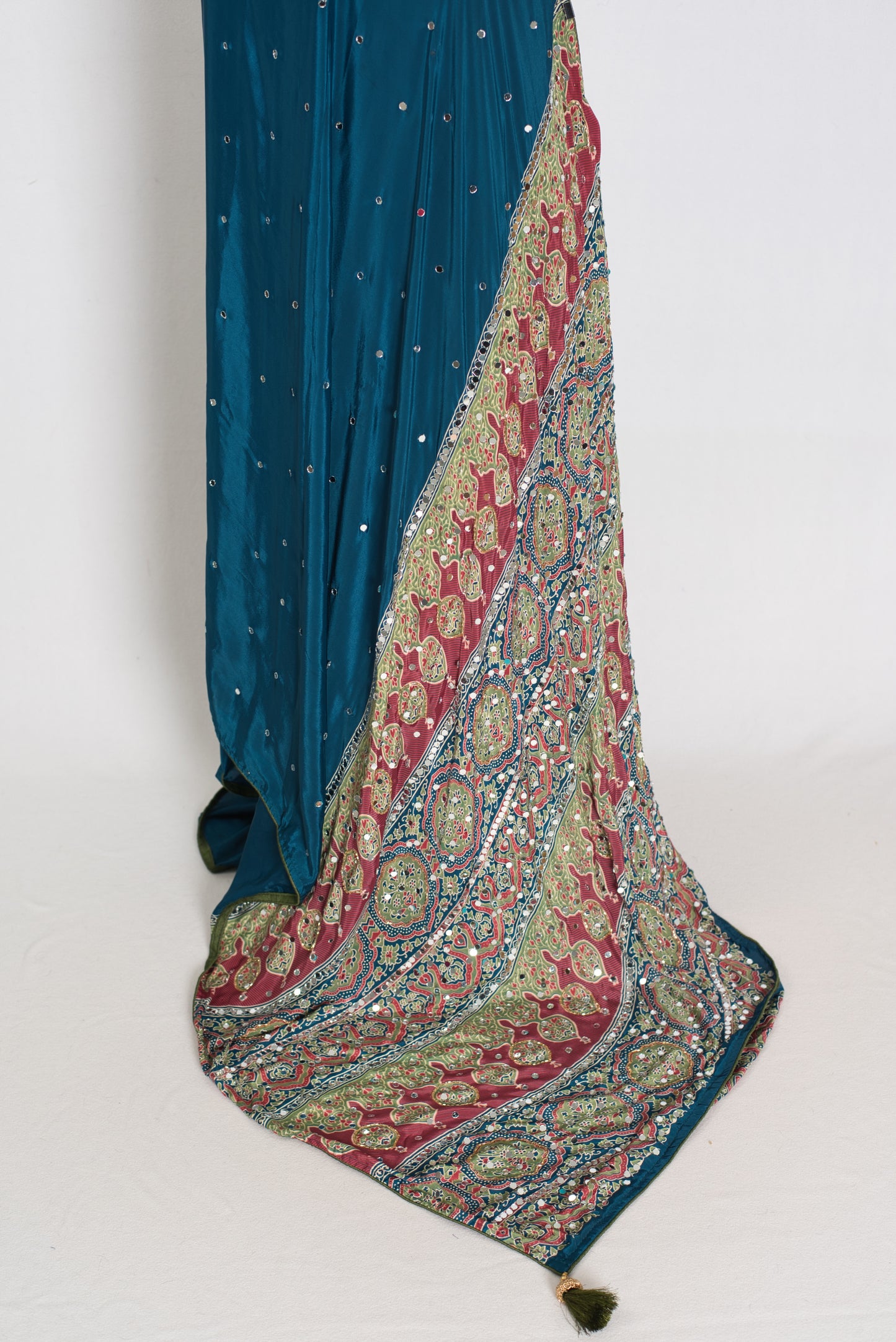Ira | Teal Blue Mirror Work Partywear Saree | Ajrakh Printed Pallu & Blouse image 3