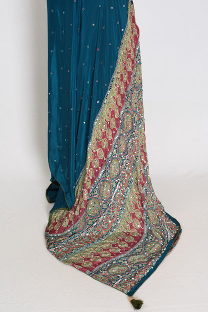 Ira | Teal Blue Mirror Work Partywear Saree | Ajrakh Printed Pallu & Blouse image 3