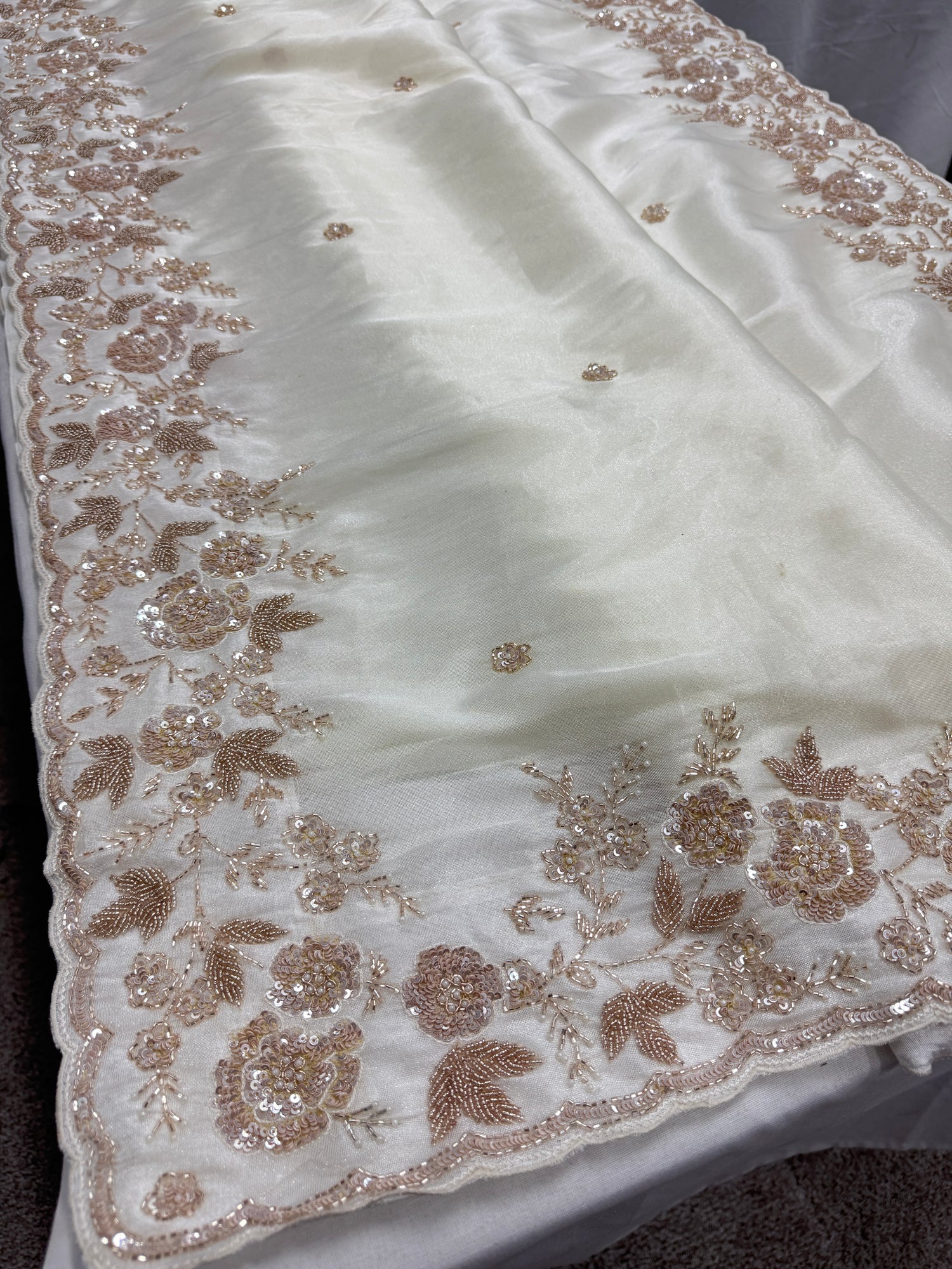 Reeva: Cream & Gold Hand Embroidered Tissue Saree | Wedding Wear image 0
