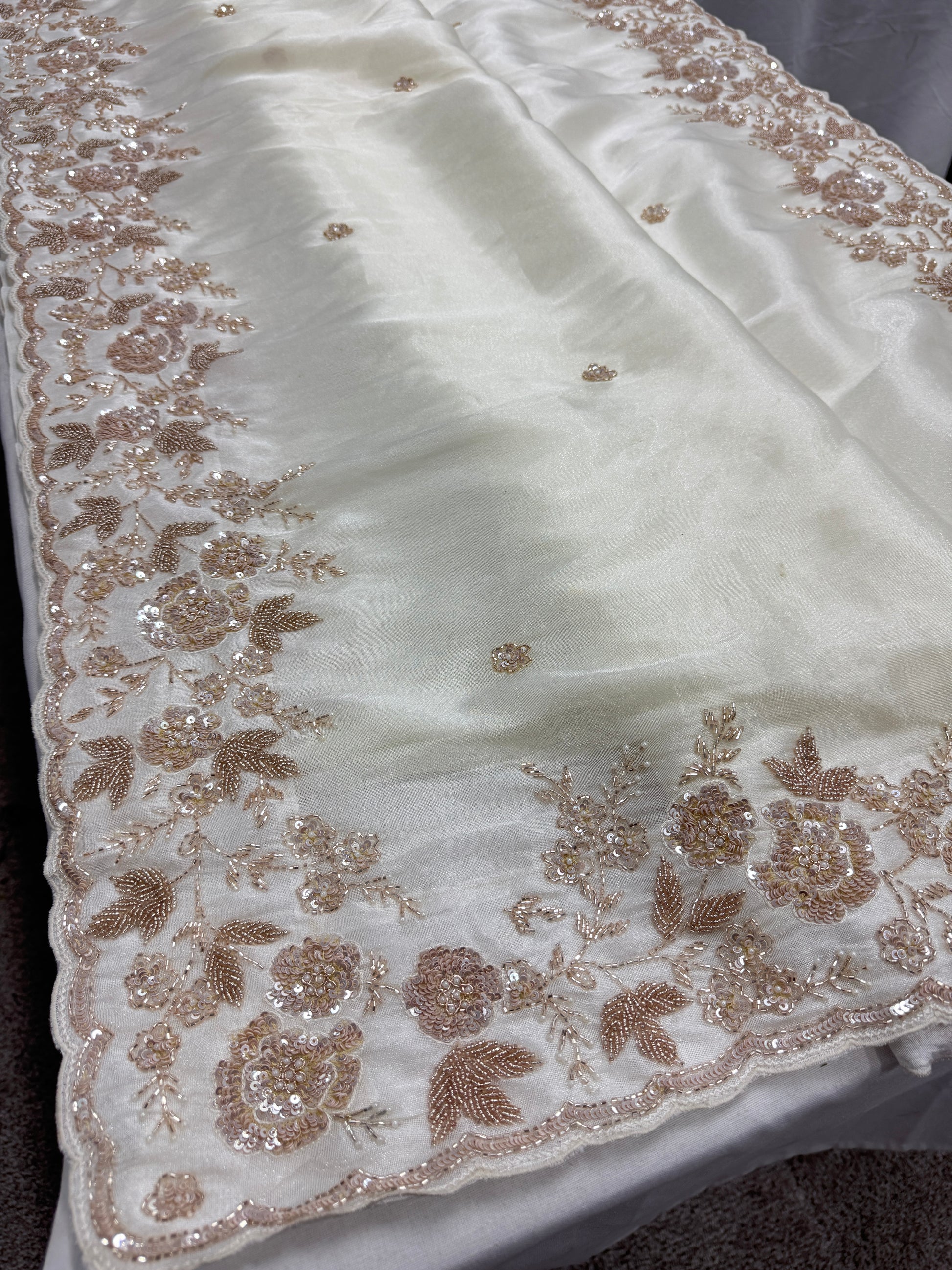 Reeva: Cream & Gold Hand Embroidered Tissue Saree | Wedding Wear image 0