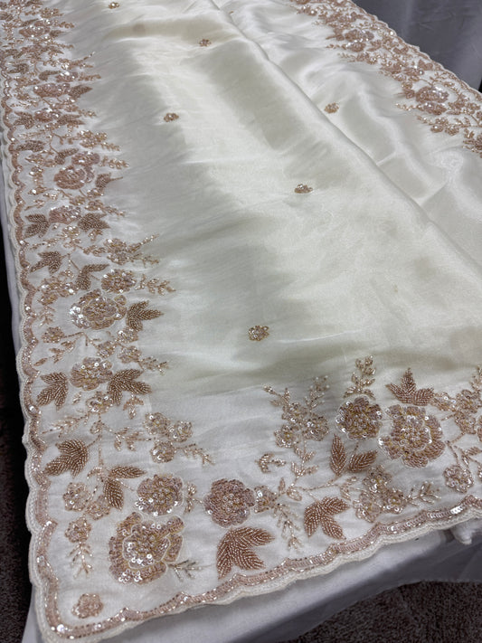 Reeva: Cream & Gold Hand Embroidered Tissue Saree | Wedding Wear image 0