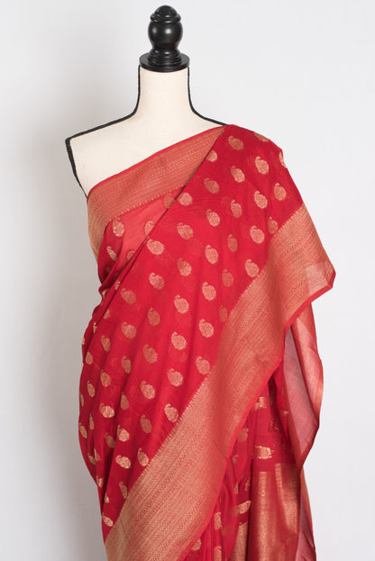 Ruby : Red Semi Georgette Banarasi Saree with Gold Zari Paisley Motifs image 5