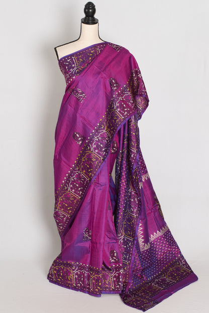 Indrani | Purple Hand Block Printed Bishnupur Katan Silk Saree | Pure Silk image 0