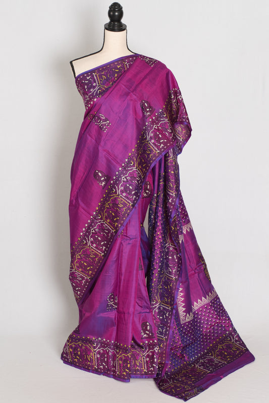 Indrani | Purple Hand Block Printed Bishnupur Katan Silk Saree | Pure Silk image 0