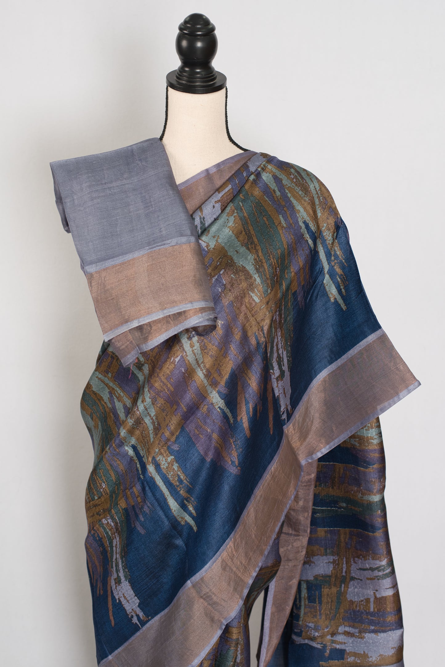 Mukta | Blue & Grey Pure Tussar Silk Saree | Contemporary Graphic Prints image 2