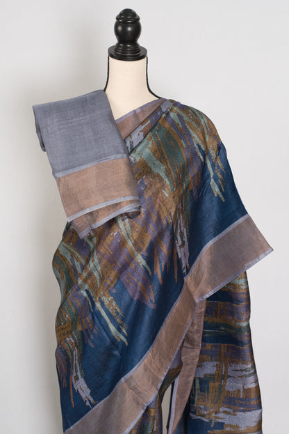 Mukta | Blue & Grey Pure Tussar Silk Saree | Contemporary Graphic Prints image 2