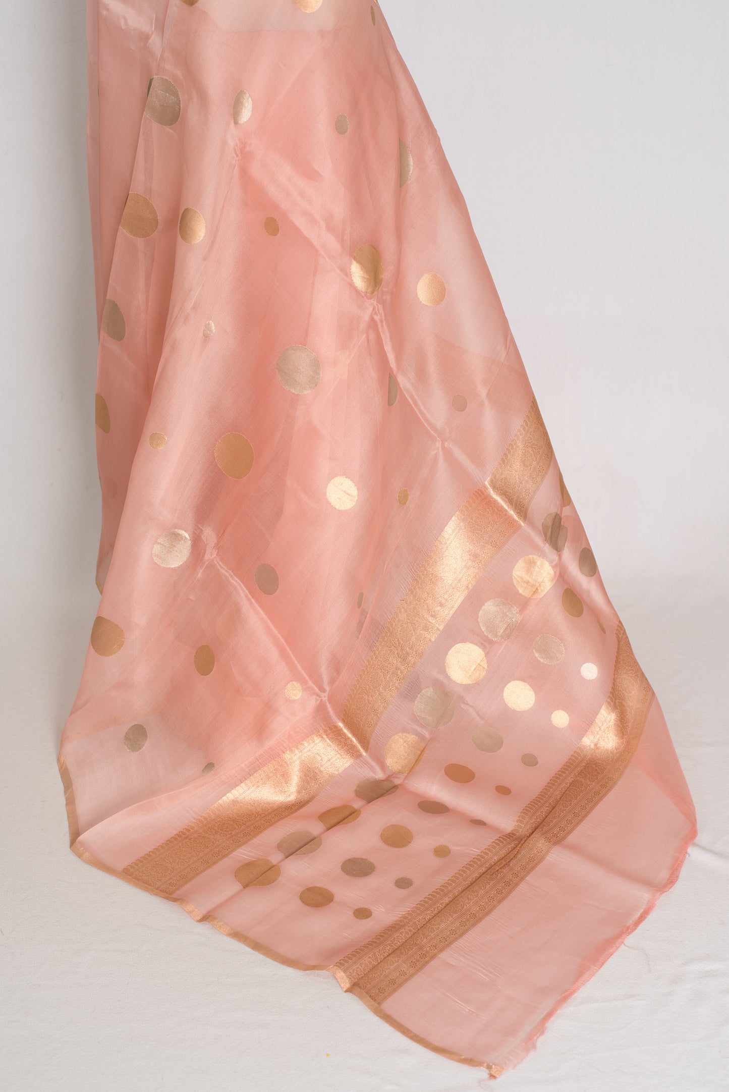 Medha : Peachy Pink Polka Dot Handwoven Kora Banarasi Silk Saree | Silk Mark image 3
