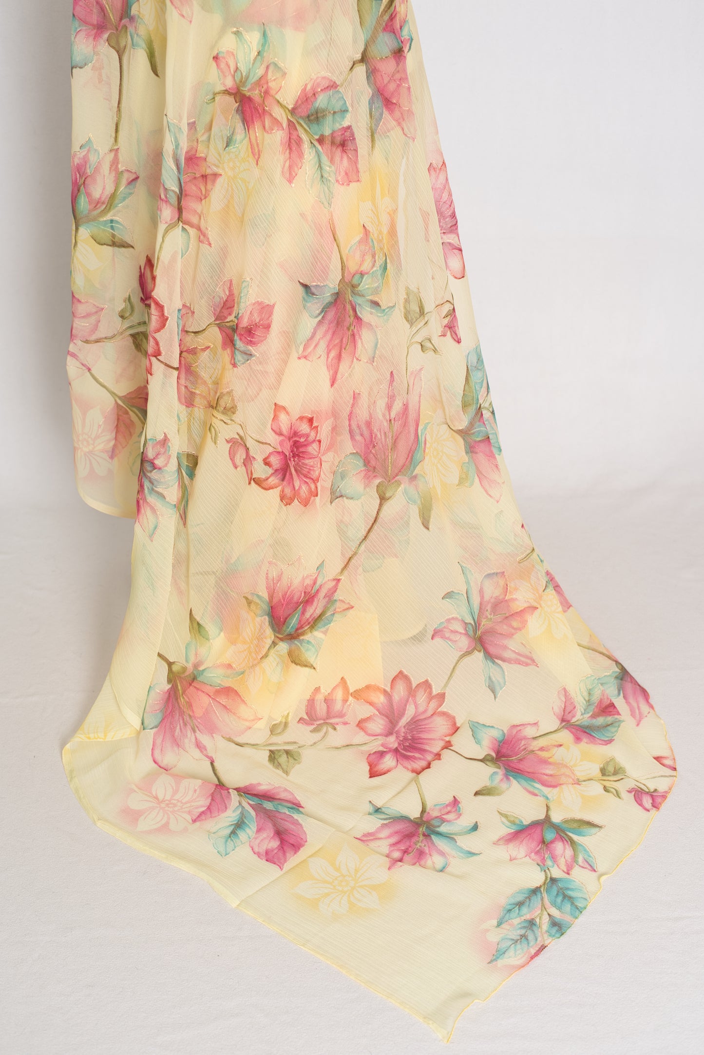 Sia : Light Yellow Floral Printed Chiffon Saree - Budget-Friendly Summer Drape image 2