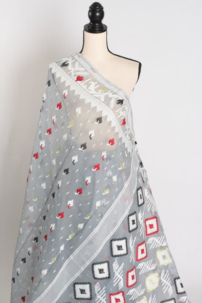 Mandar : Gray Blended Soft Cotton Jamdani Bengali Saree image 3