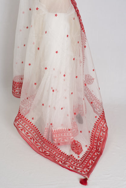 Noor : White and Red Semi Organza Embroidery Designer Saree image 4