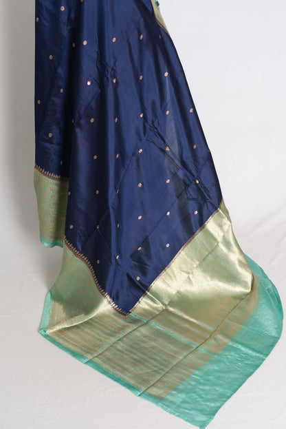 Nadia: Midnight Blue and Sea Green Wide Border Mango Silk Banarasi Saree image 4